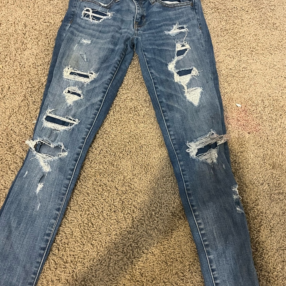 American Eagle Outfitters Blue Skinny Jeans with Distressed Details